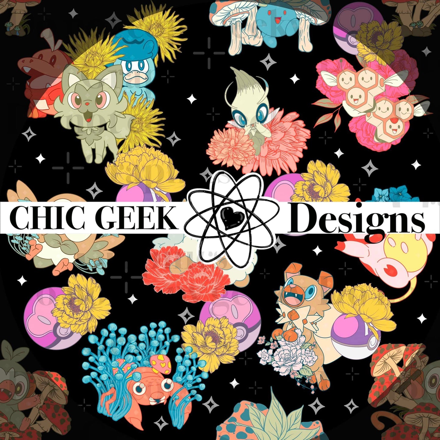 Floral farm buddies, black sparkles